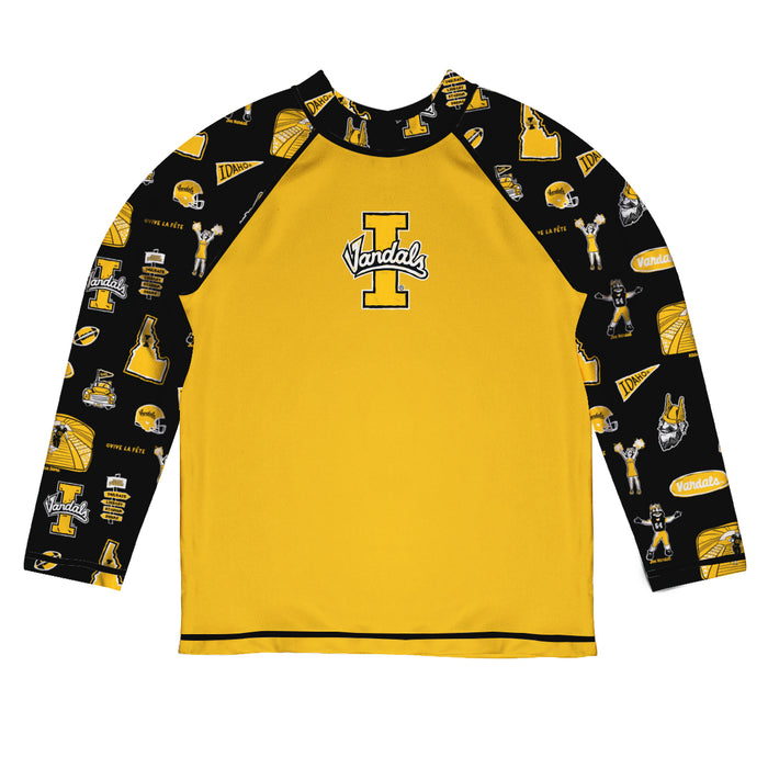 Idaho Vandals Repeat Print Hand Sketched Vive La Fete Impressions Artwork Yellow Black Long Sleeve Raglan Rashguard