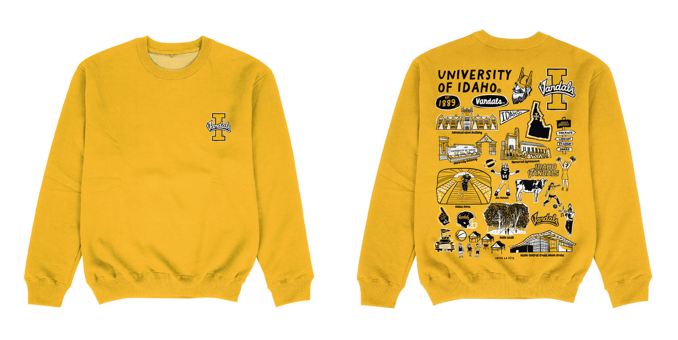 Idaho Vandals Hand Sketched Impressions Artwork Yellow Crewneck Sweatshirt for Women