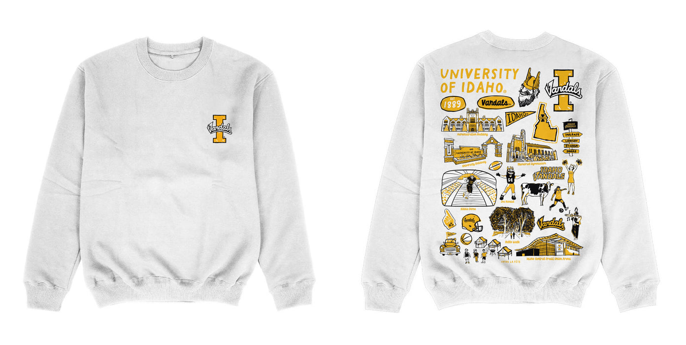 U of I Vandals Hand Sketched Impressions Artwork White Crewneck Sweatshirt for Women