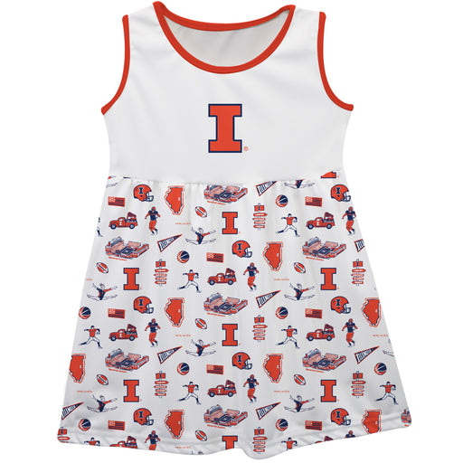 Illinois Fighting Illini Sleeveless Tank Dress Girls White Repeat Print Hand Sketched Vive La Fete Impressions