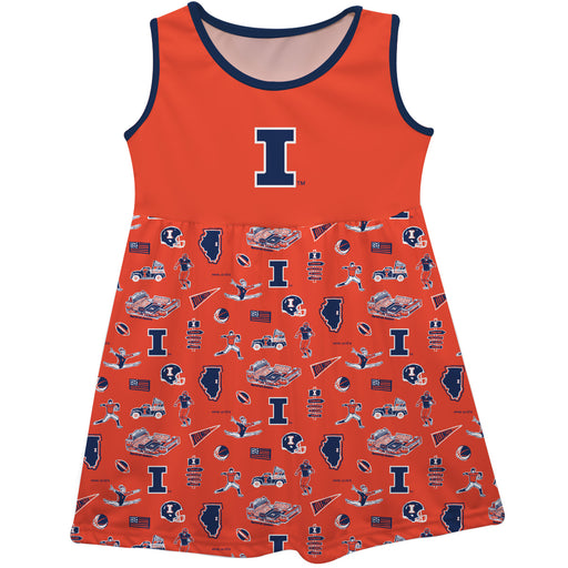 Illinois Fighting Illini Sleeveless Tank Dress Girls Orange Repeat Print Hand Sketched Vive La Fete Impressions