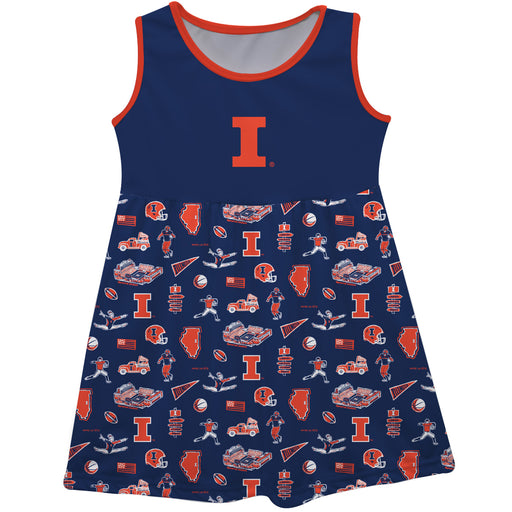 Illinois Fighting Illini Sleeveless Tank Dress Girls Blue Repeat Print Hand Sketched Vive La Fete Impressions