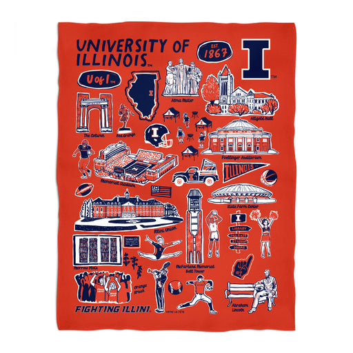 Illinois Fighting Illini Orange Hand Sketched Vive La Fete Impressions Artwork Plush Soft Minky Blanket 36 x 48