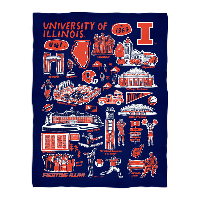 Illinois Fighting Illini Navy Hand Sketched Vive La Fete Impressions Artwork Plush Soft Minky Blanket 36 x 48