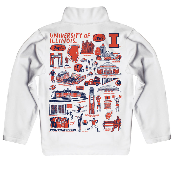 Illinois Fighting Illini Hand Sketched Vive La Fete Impressions Artwork White Boys Quarter Zip Pullover V1