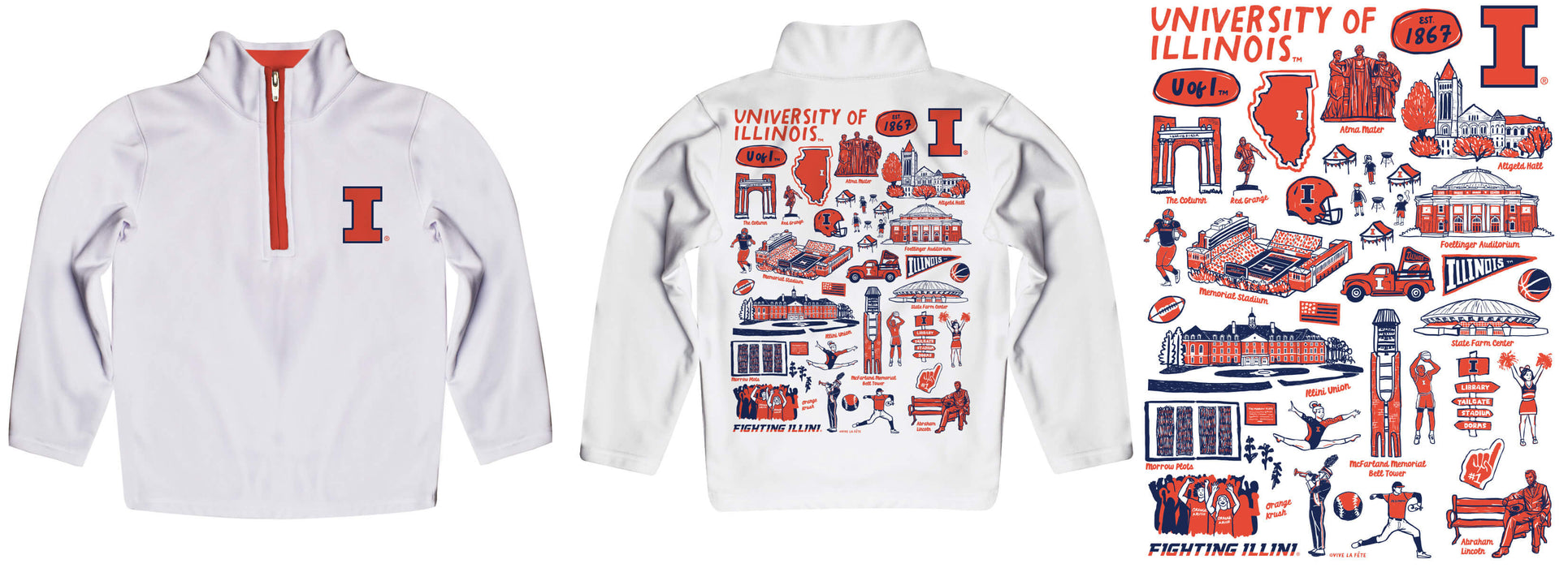 Illinois Fighting Illini Hand Sketched Vive La Fete Impressions Artwork White Boys Quarter Zip Pullover V1