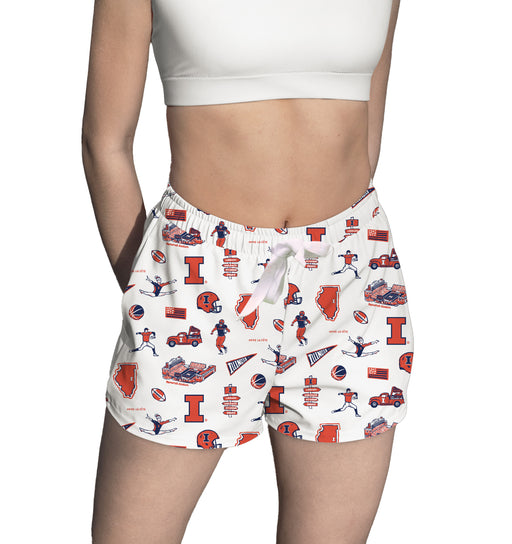 Illinois Fighting Illini Repeat Print Hand Sketched Vive La Fete Impressions Artwork Womens White Lounge Shorts