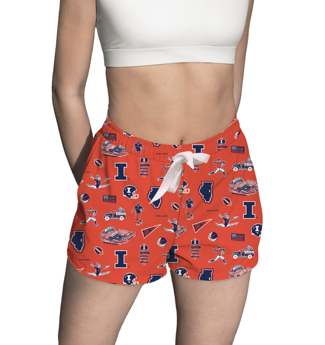 Illinois Fighting Illini Repeat Print Hand Sketched Vive La Fete Impressions Artwork Womens Orange Lounge Shorts