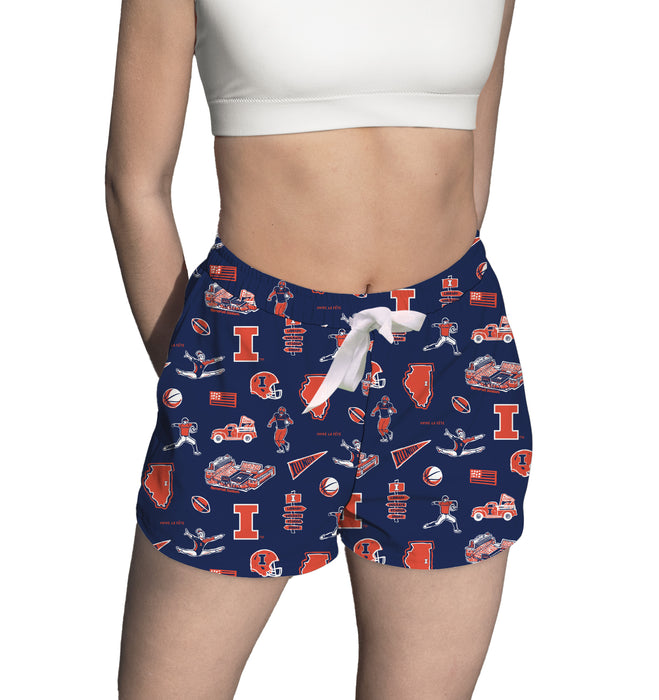 Illinois Fighting Illini Repeat Print Hand Sketched Vive La Fete Impressions Artwork Womens Blue Lounge Shorts