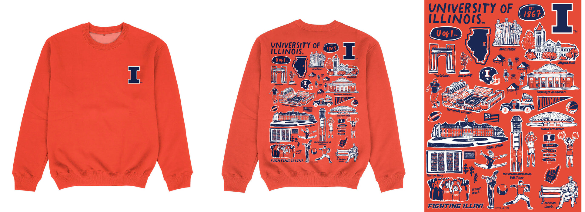 Illinois Fighting Illini Hand Sketched Impressions Artwork Orange Crewneck Sweatshirt for Women