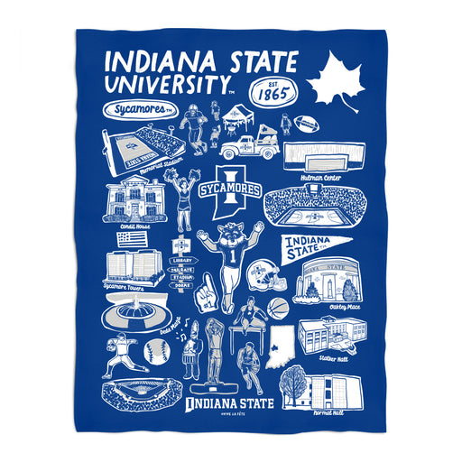 Indiana State Sycamores Blue Hand Sketched Vive La Fete Impressions Artwork Plush Soft Minky Blanket 36 x 48