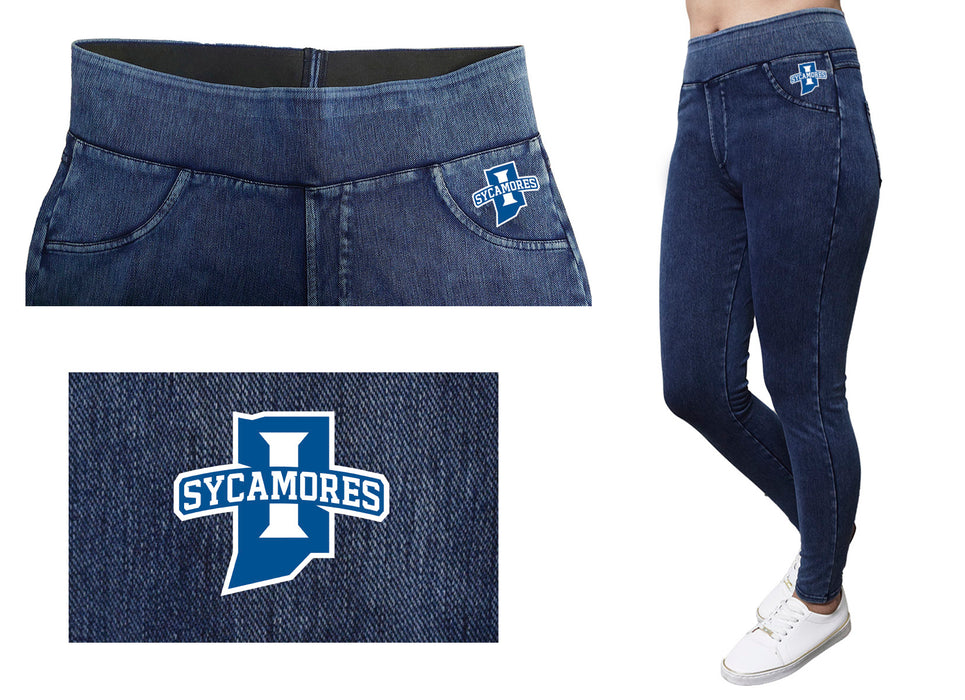 Indiana State Sycamores Vive La Fete Game Day Collegiate Logo on Fake Pocket Women Blue Jeggings