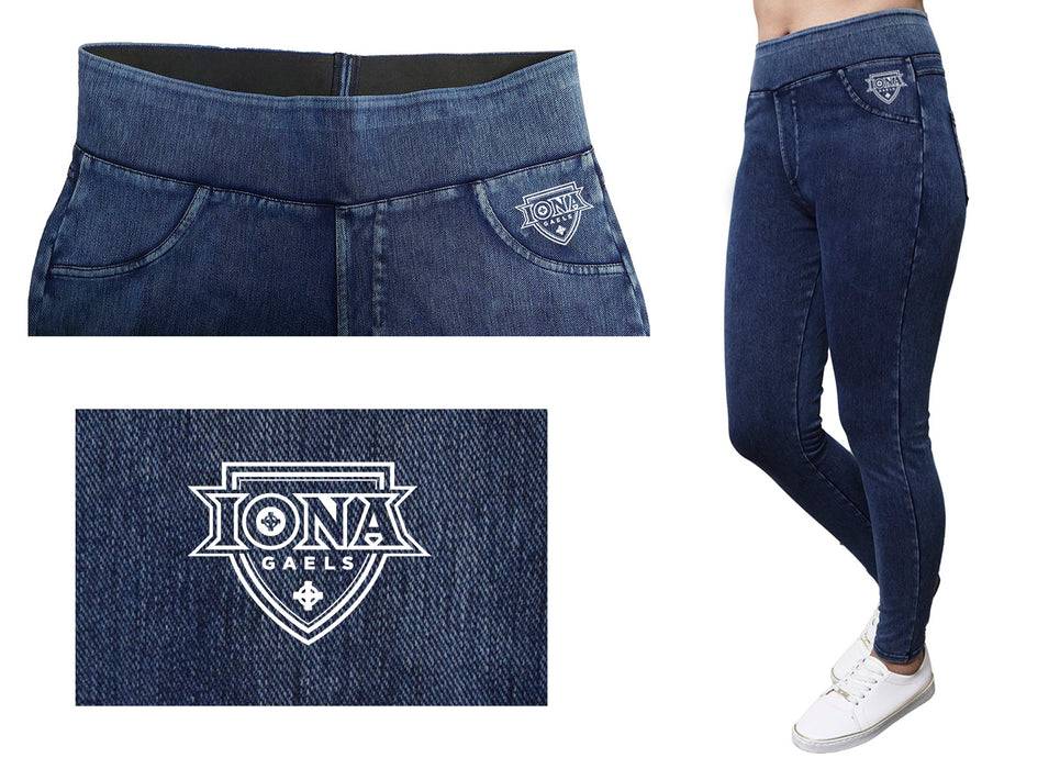 Iona College Gaels Vive La Fete Game Day Collegiate Logo on Fake Pocket Women Maroon Jeggings