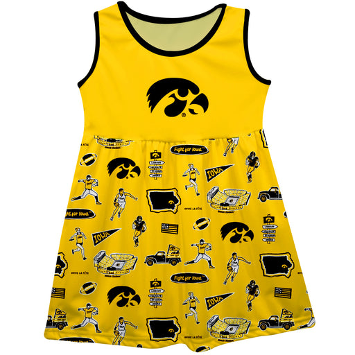 Iowa Hawkeyes Sleeveless Tank Dress Girls Gold Repeat Print Hand Sketched Vive La Fete Impressions