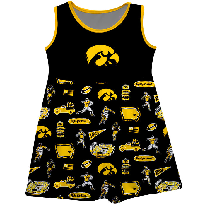 Iowa Hawkeyes Sleeveless Tank Dress Girls Black Repeat Print Hand Sketched Vive La Fete Impressions