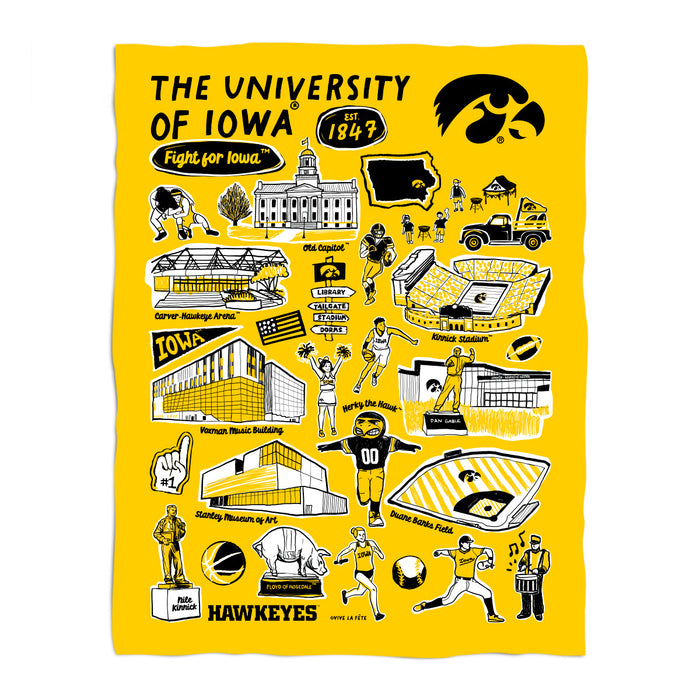 Iowa Hawkeyes Gold Hand Sketched Vive La Fete Impressions Artwork Plush Soft Minky Blanket 36 x 48