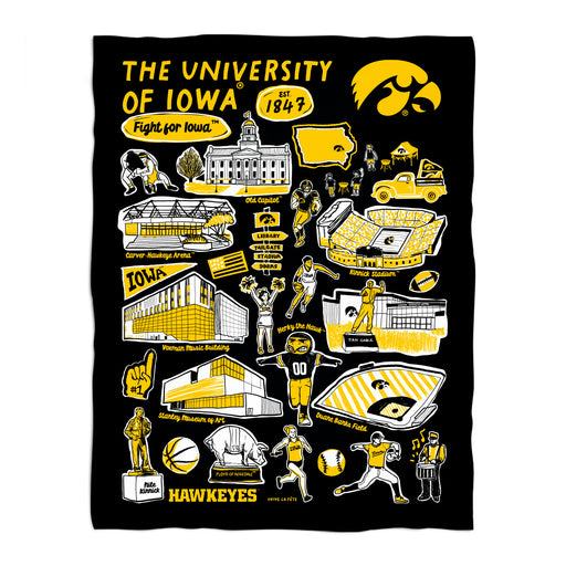 Iowa Hawkeyes Black Hand Sketched Vive La Fete Impressions Artwork Plush Soft Minky Blanket 36 x 48