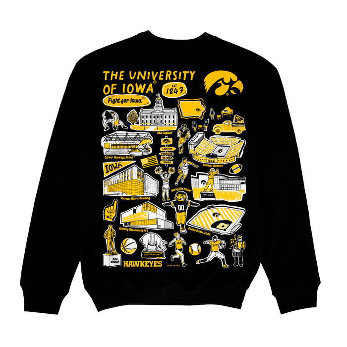 Iowa Hawkeyes Hand Sketched Impressions Artwork Black Crewneck Sweatshirt for Women