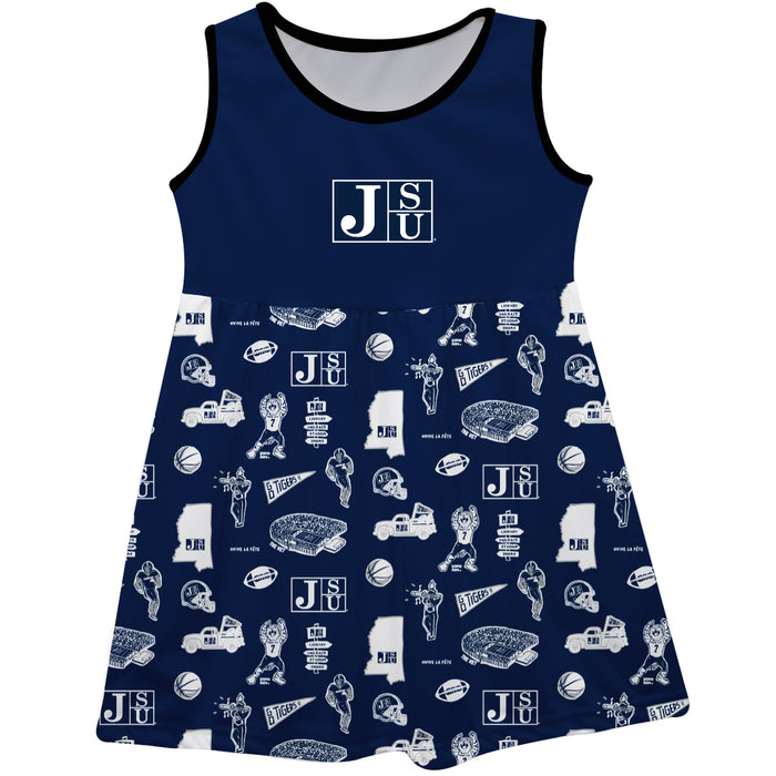 Jackson State University Tigers Sleeveless Tank Dress Girls Blue Repeat Print Hand Sketched Vive La Fete Impressions