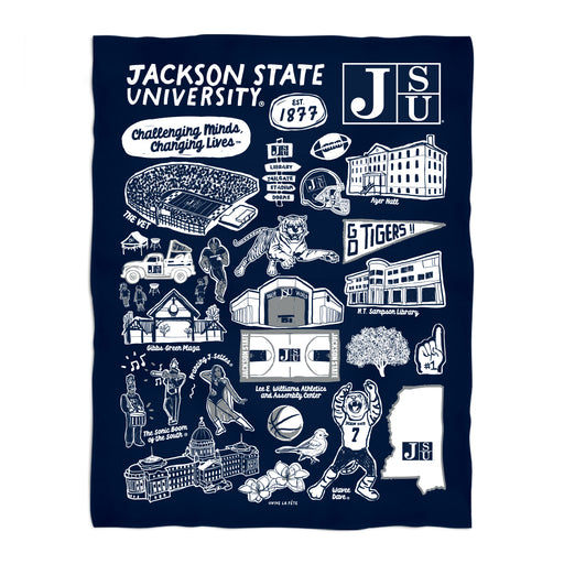 Jackson State University Tigers Blue Hand Sketched Vive La Fete Impressions Artwork Plush Soft Minky Blanket 36 x 48