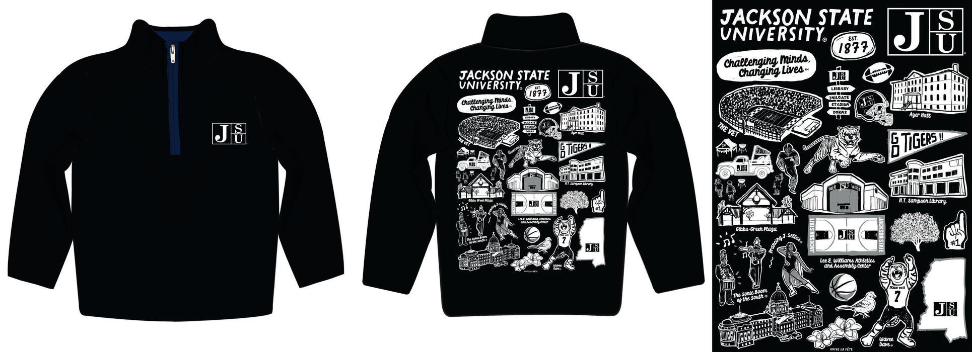 Jackson State University Tigers Hand Sketched Vive La Fete Impressions Artwork Black Boys Quarter Zip Pullover V1