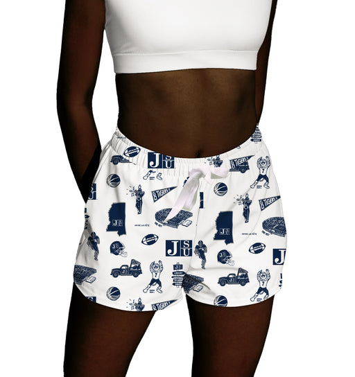 Jackson State University Tigers Repeat Print Hand Sketched Vive La Fete Impressions Artwork Womens White Lounge Shorts