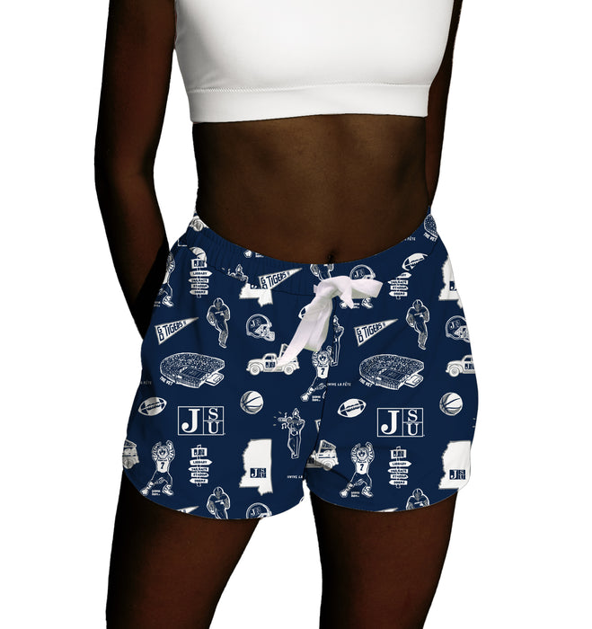 Jackson State University Tigers Repeat Print Hand Sketched Vive La Fete Impressions Artwork Womens Blue Lounge Shorts