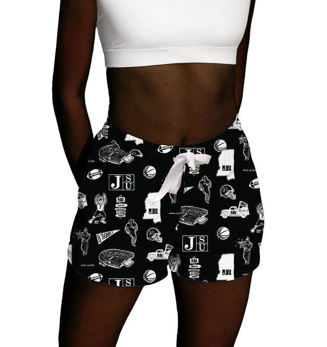 Jackson State University Tigers Repeat Print Hand Sketched Vive La Fete Impressions Artwork Womens Black Lounge Shorts