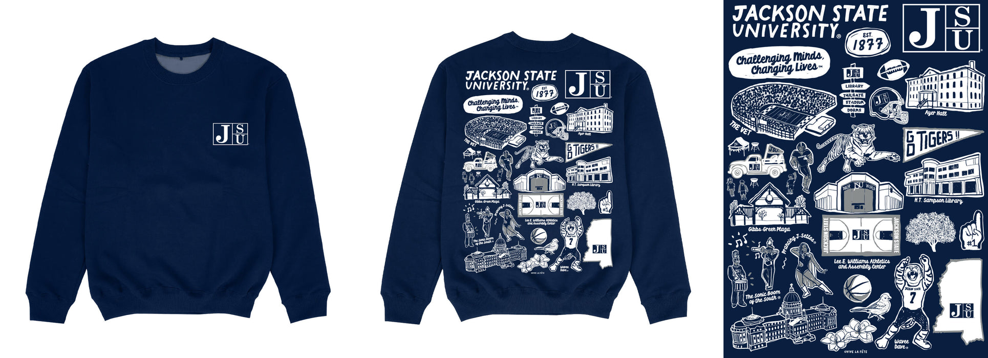 Jackson State University Tigers Hand Sketched Impressions Artwork Blue Crewneck Sweatshirt for Women