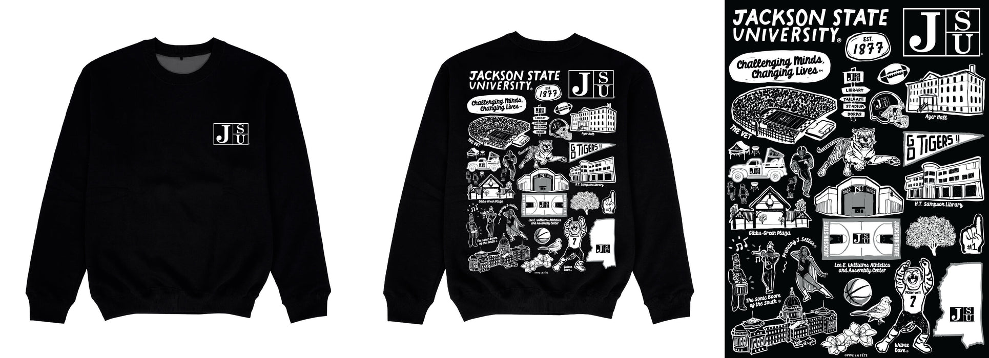 Jackson State University Tigers Hand Sketched Impressions Artwork Black Crewneck Sweatshirt for Women