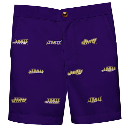 JMU Dukes Vive La Fete Boys Game Day All Over Logo Purple Structured Shorts with Side Pockets