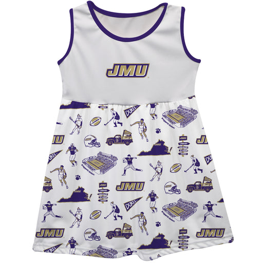 James Madison University Dukes Sleeveless Tank Dress Girls White Repeat Print Hand Sketched Vive La Fete Impressions