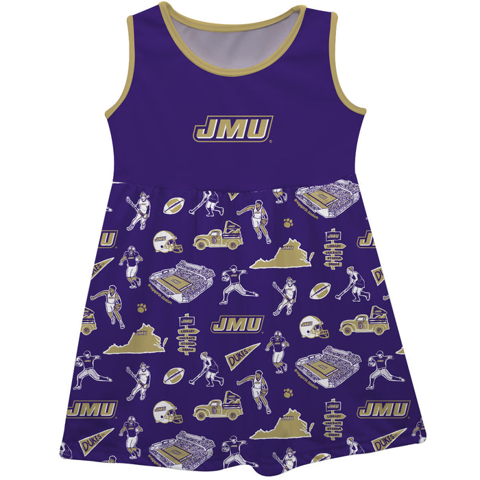 James Madison University Dukes Sleeveless Tank Dress Girls Purple Repeat Print Hand Sketched Vive La Fete Impressions