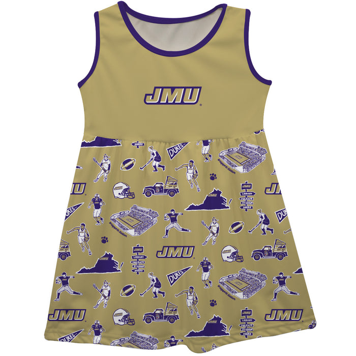 James Madison University Dukes Sleeveless Tank Dress Girls Gold Repeat Print Hand Sketched Vive La Fete Impressions