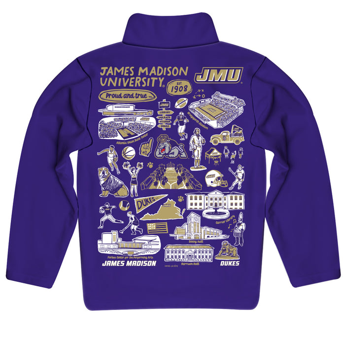 James Madison University Dukes Hand Sketched Vive La Fete Impressions Artwork Purple Boys Quarter Zip Pullover V1