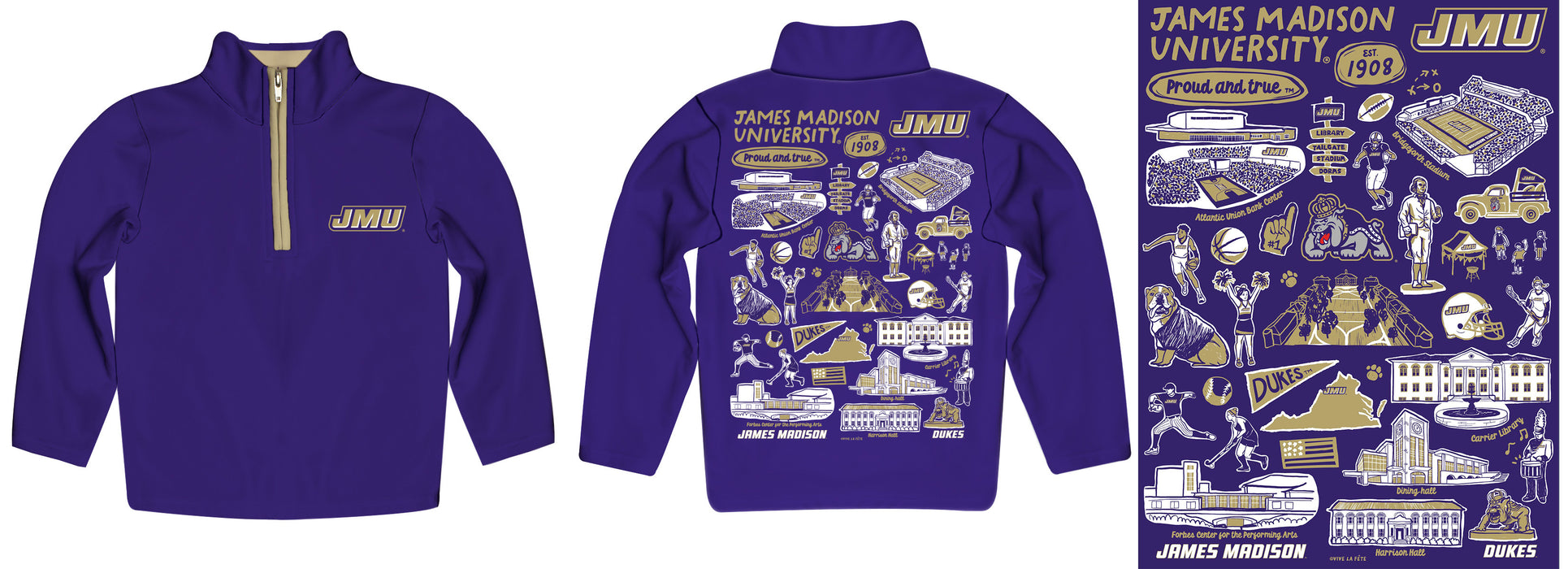 James Madison University Dukes Hand Sketched Vive La Fete Impressions Artwork Purple Boys Quarter Zip Pullover V1