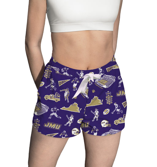 James Madison University Dukes Repeat Print Hand Sketched Vive La Fete Impressions Artwork Womens Purple Lounge Shorts