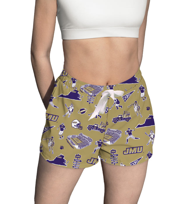 James Madison University Dukes Repeat Print Hand Sketched Vive La Fete Impressions Artwork Womens Gold Lounge Shorts