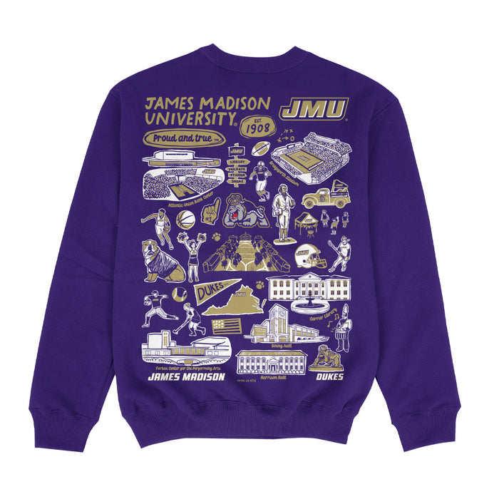 James Madison University Dukes Hand Sketched Impressions Artwork Purple Crewneck Sweatshirt for Women