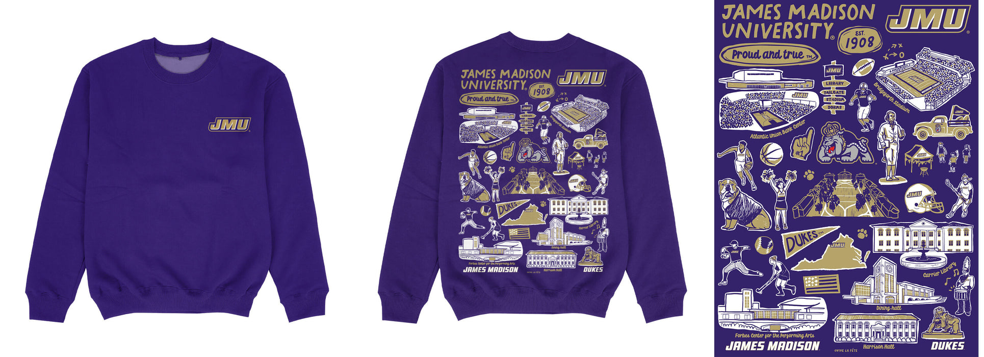 James Madison University Dukes Hand Sketched Impressions Artwork Purple Crewneck Sweatshirt for Women