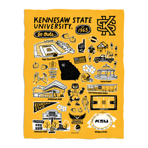 Kennesaw State University KSU Owls Gold Hand Sketched Vive La Fete Impressions Artwork Plush Soft Minky Blanket 36 x 48