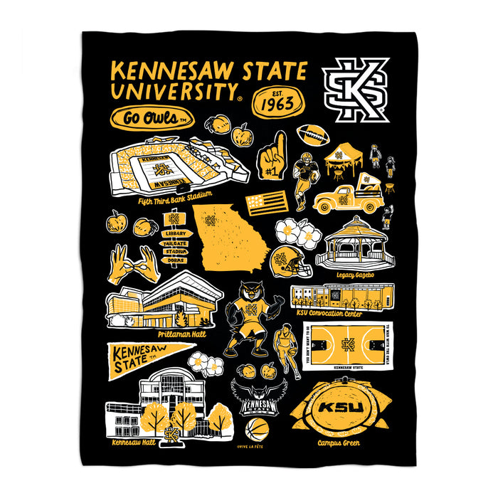 Kennesaw State University KSU Owls Black Hand Sketched Vive La Fete Impressions Artwork Plush Soft Minky Blanket 36 x 48