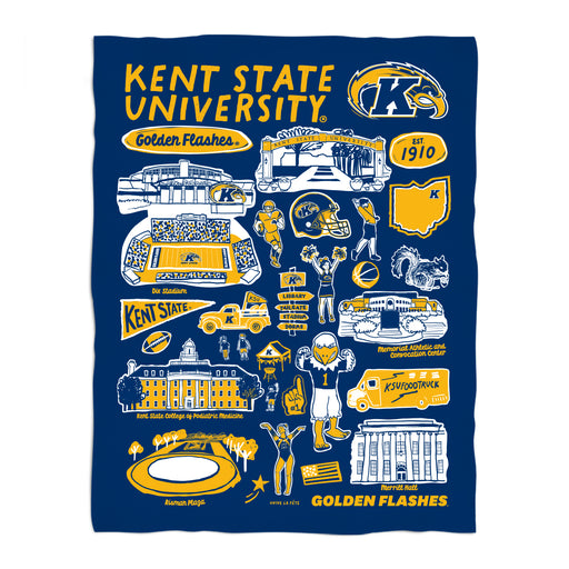 Kent State Golden Flashes Blue Hand Sketched Vive La Fete Impressions Artwork Plush Soft Minky Blanket 36 x 48