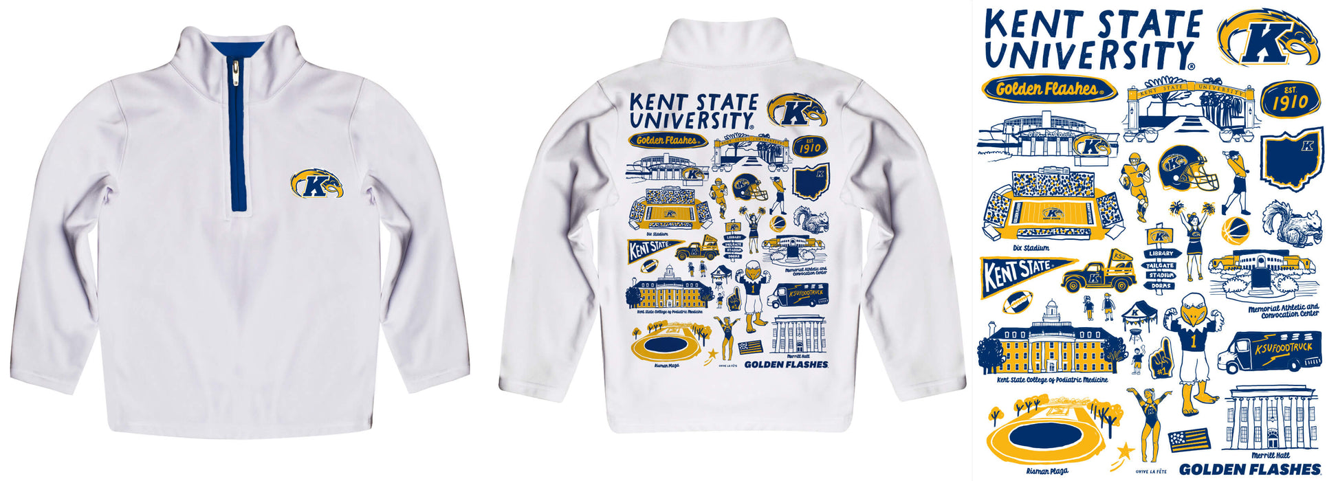 Kent State Golden Flashes Hand Sketched Vive La Fete Impressions Artwork White Boys Quarter Zip Pullover V1