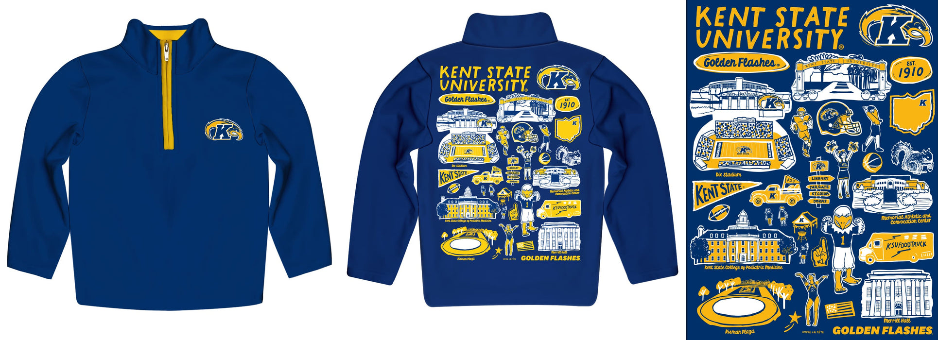 Kent State Golden Flashes Hand Sketched Vive La Fete Impressions Artwork  Blue Boys Quarter Zip Pullover V1