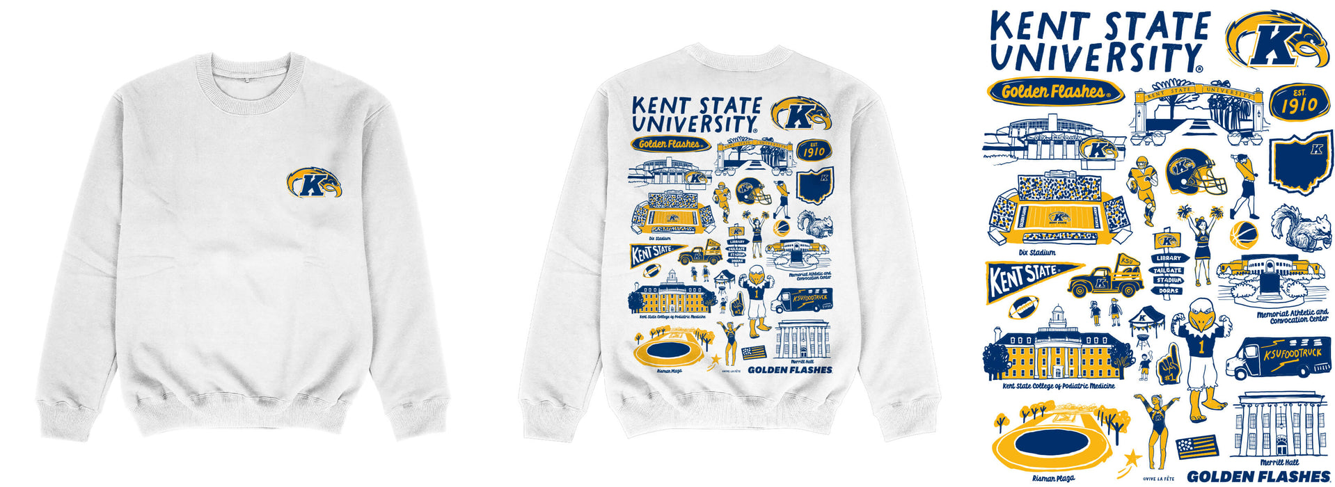 Kent State Golden Flashes Hand Sketched Impressions Artwork White Crewneck Sweatshirt for Women