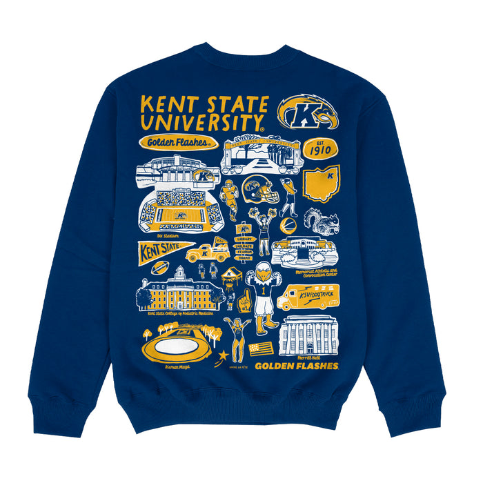 Kent State Golden Flashes Hand Sketched Impressions Artwork Blue Crewneck Sweatshirt for Women