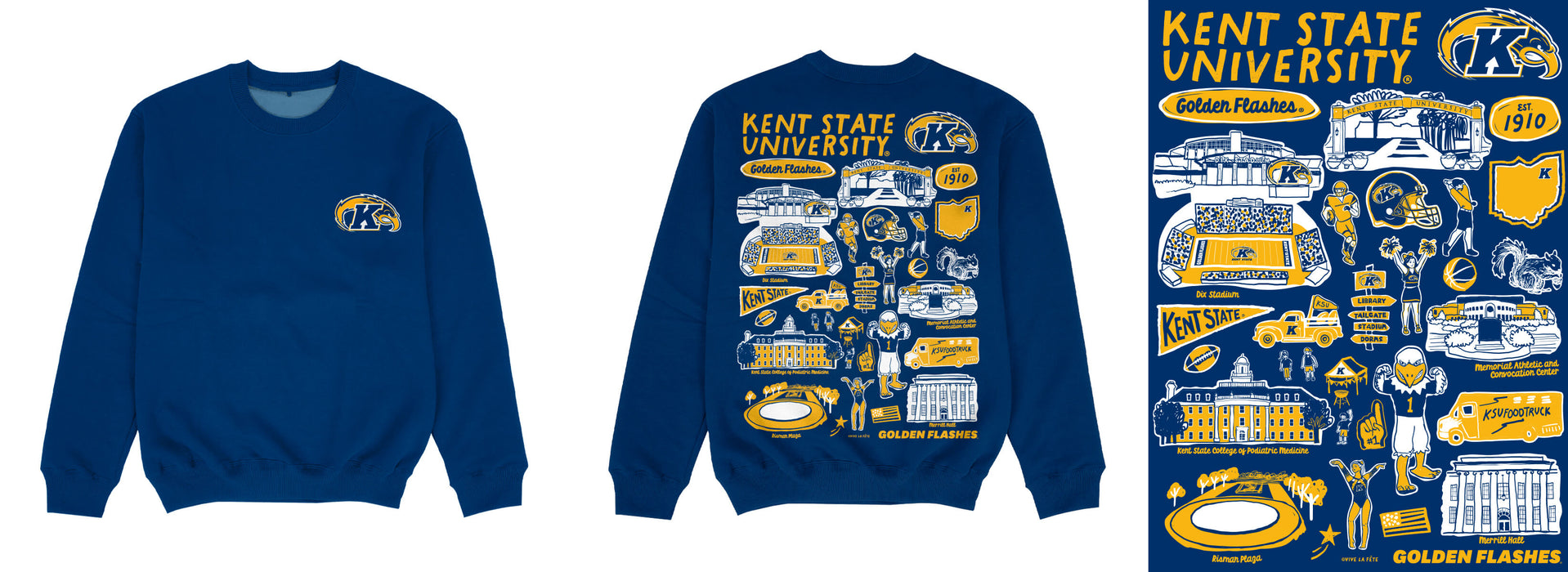 Kent State Golden Flashes Hand Sketched Impressions Artwork Blue Crewneck Sweatshirt for Women