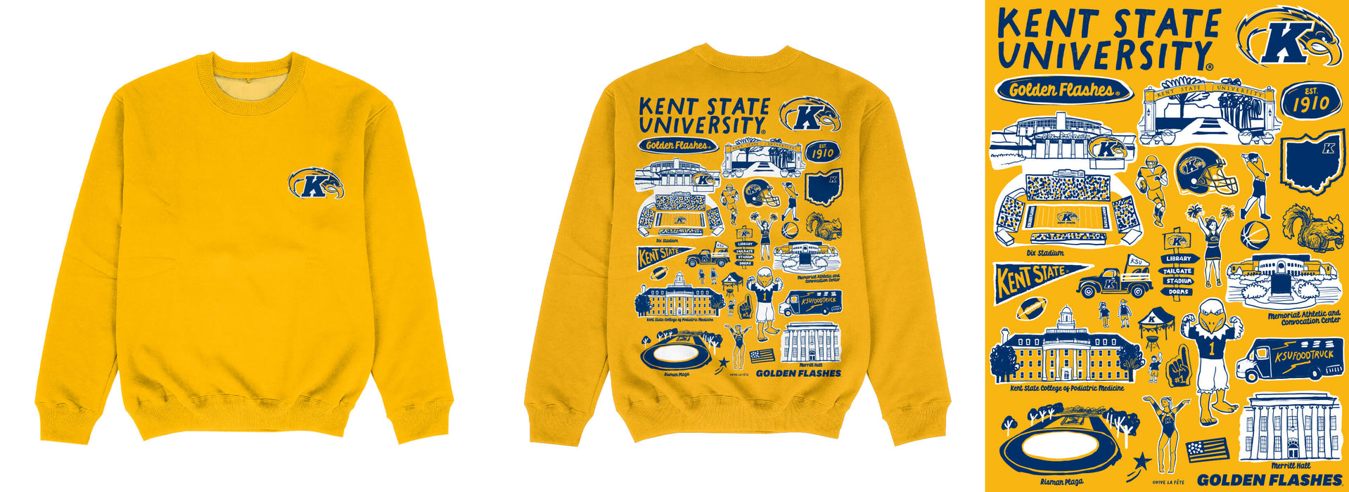 Kent State Golden Flashes Hand Sketched Impressions Artwork Gold Crewneck Sweatshirt for Women