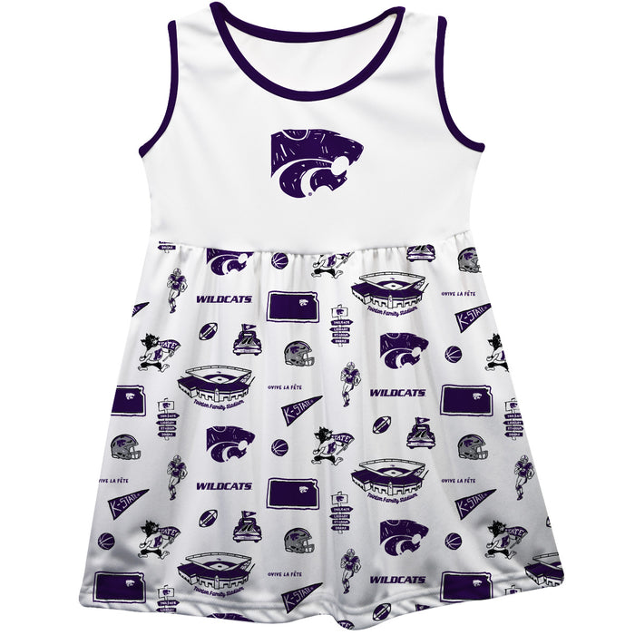 Kansas State Wildcats K-State Sleeveless Tank Dress Girls White Repeat Print Hand Sketched Vive La Fete Impressions